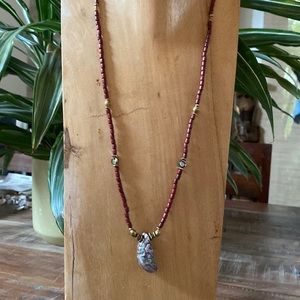 Hand beaded Abalone /burgundy wood/ brass long necklace